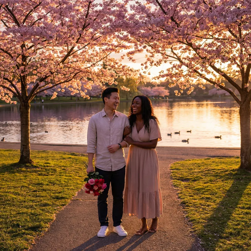 Romantic Couple in Cherry Blossom Park