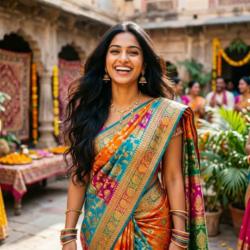 South Asian Woman in Vibrant Saree | Enigmatic Beauty