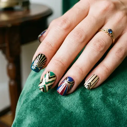 Art Deco Inspired Nail Art Design | Vibrant Colors & Geometric Patterns