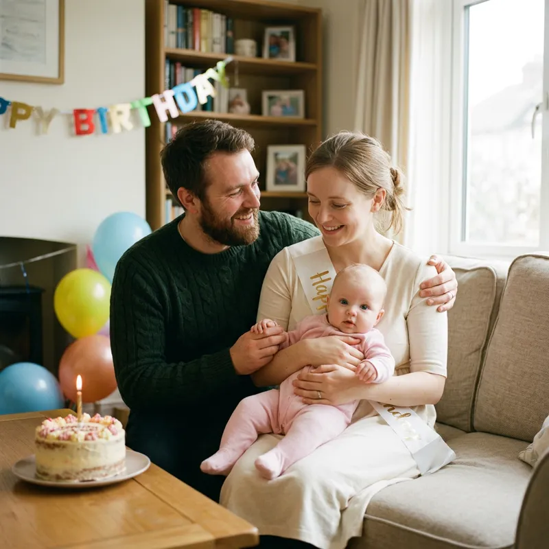 Loving Father with 6-Month-Old Daughter and Wife on Her Birthday Loving Father with 6-Month-Old Daughter and Wife on Her Birthday