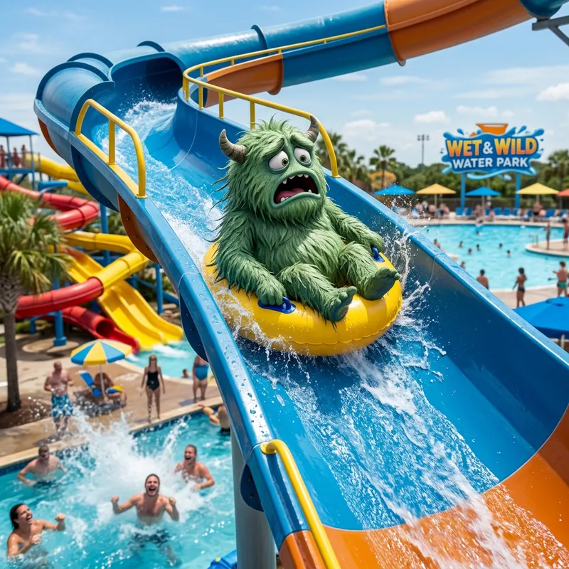 Regretful Monster Sliding Down Water Slide - Exciting Scene