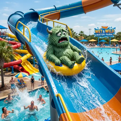 Regretful Monster Sliding Down Water Slide - Fun Adventure