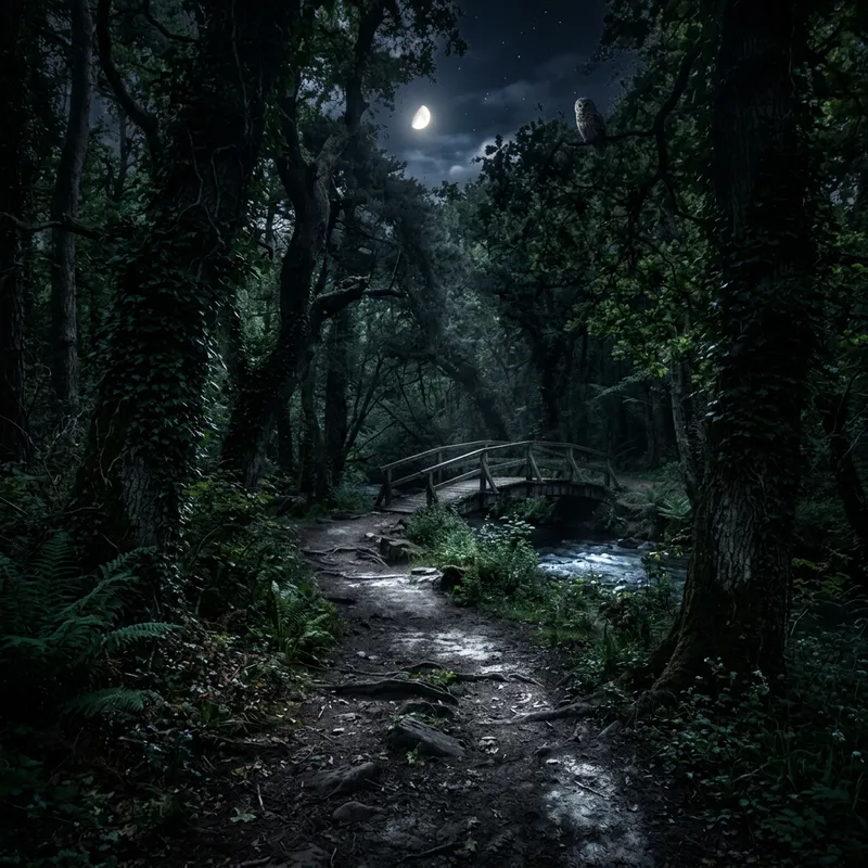 Mysterious Night Path: Moonlit Shadows on Whispering Leaves