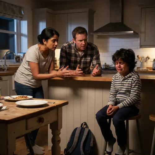 Family Argument in Kitchen: Emotional Scene Depicting Mother, Father, and Son