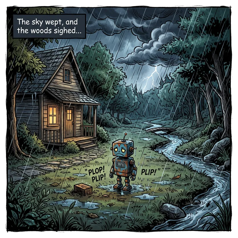 Comic Style Wooden House and Toy Robot by the Stream in a Storm