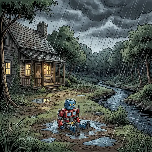Rustic Wooden House Illustration Next to Stream | Toy Robot in Yard