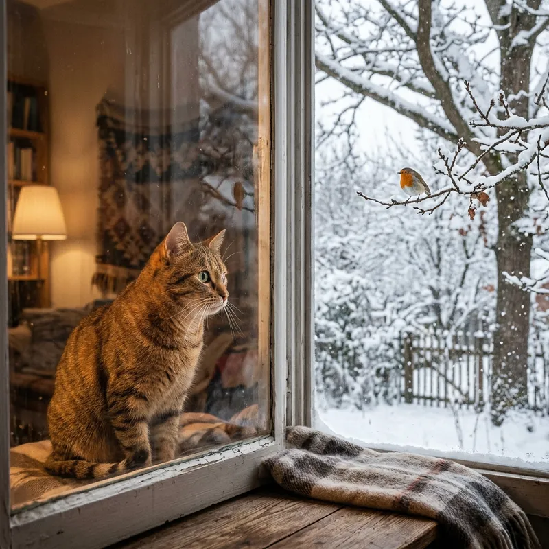 Cat Watching Bird Through Winter Window