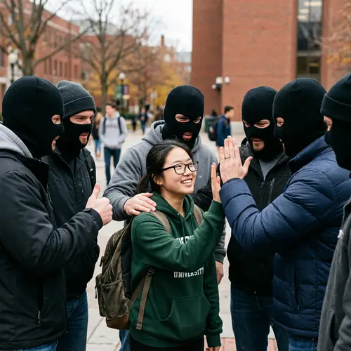 Asian Girl Student Embraced by Encouraging Men in Balaclavas