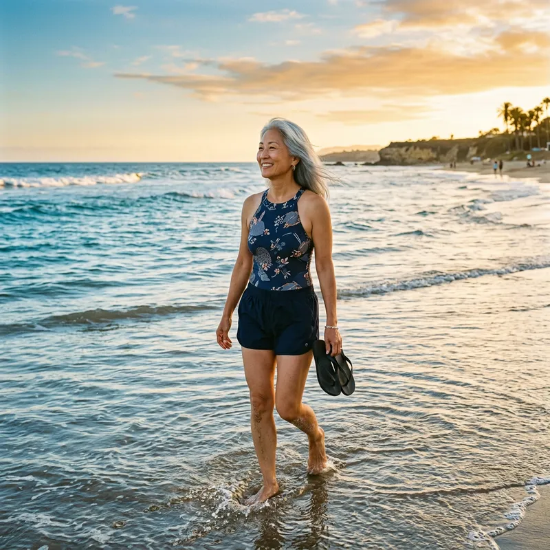 Serene Aura: Tranquil Beach Day in Stylish Swimsuit