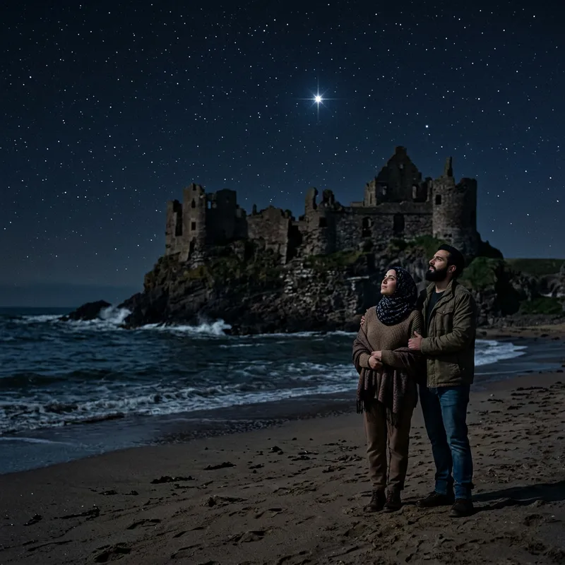 Enchanting Starry Beach Scene with Castle Silhouette