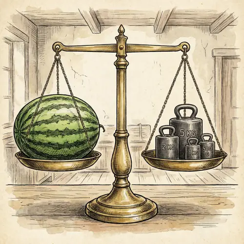Balance Scale Drawing with Watermelon and Weights