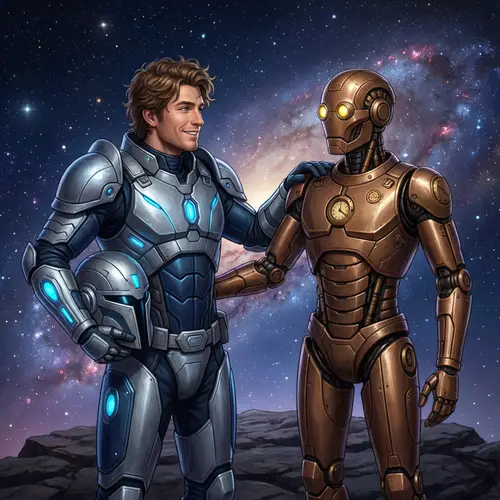 Futuristic Knight and Android Friendship Art