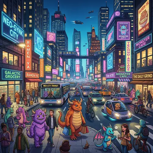 Cityscape from Popular Open-World Game with Friendly Creatures