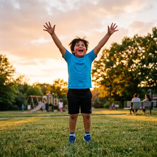 Joyful Chubby South Asian Boy with Raised Arms in Blue T-shirt