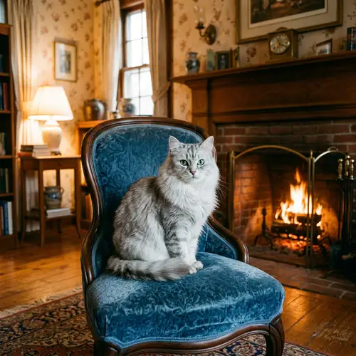Luxurious Silver and White Cat on Vintage Chair