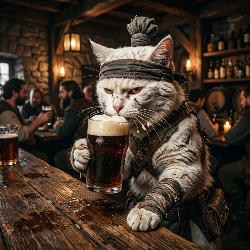 Fierce Feline Warrior Savoring Brew with Bond on Head