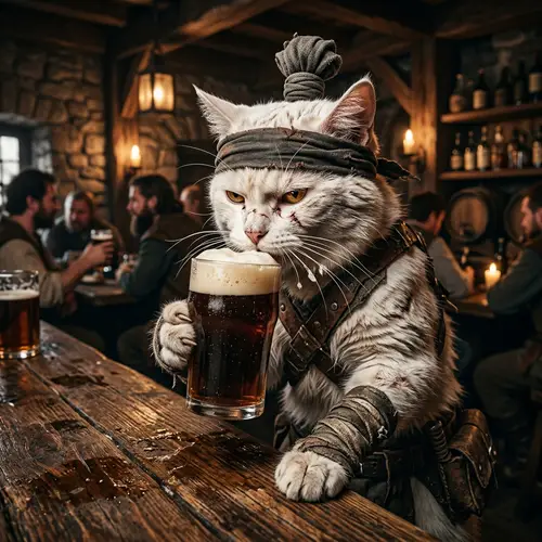 Fierce Feline Warrior Enjoying Frothy Beer in Dimly Lit Tavern
