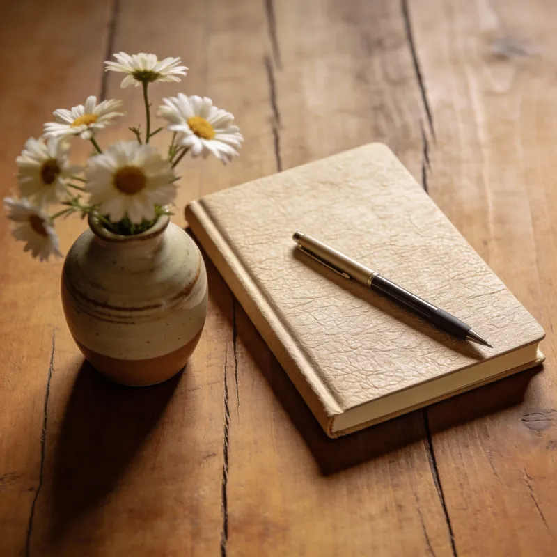 Elegant Notebook with Flowers and Pen on Wood