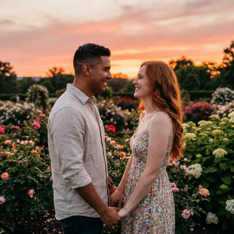 Dos Enamorados in Colorful Garden at Sunset
