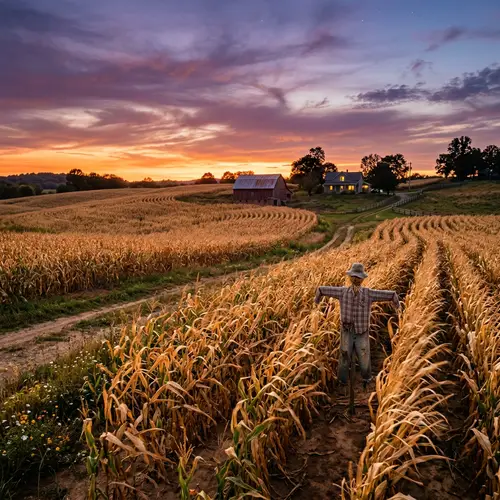 Vibrant Sunset Cornfield: Picturesque Farm Scene
