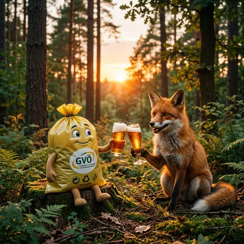 GVÖ Recycling Bag and Fox Sharing Beer in Forest Setting