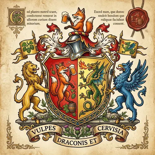 Fox Drinking Beer and Dragon Coat of Arms