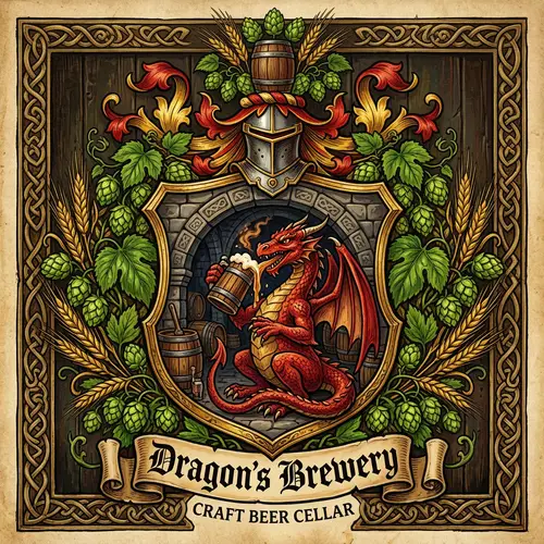 Medieval Fantasy Brewery Emblem: Red Cellar Dragon and Craft Beer Culture