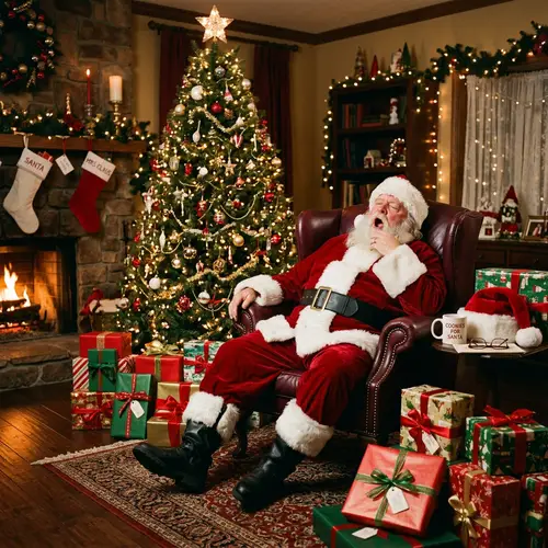 Tired Santa Claus in Festive Room | Gifts & Christmas Tree