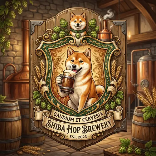 Brewery Coat of Arms with Shiba Inu Dog Drinking Beer