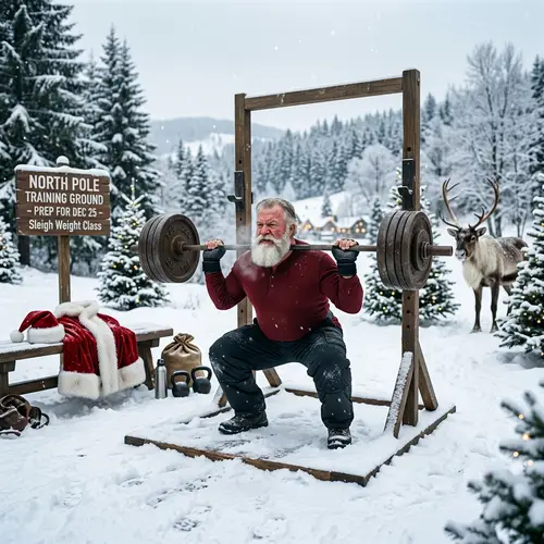 Caucasian Santa Claus Training for Christmas in Snowy Landscape