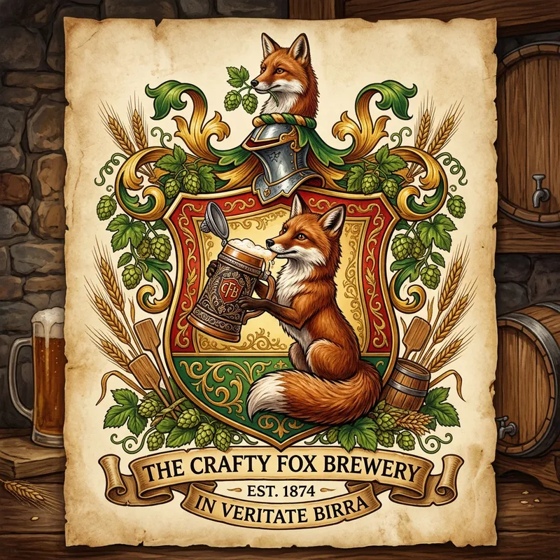 Brewery Logo: Fox Holding Beer Stein in Coat of Arms Design Brewery Logo: Fox Holding Beer Stein in Coat of Arms Design