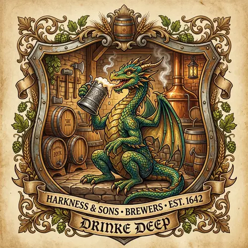 Intricately Detailed Brewery Coat of Arms with Dragon