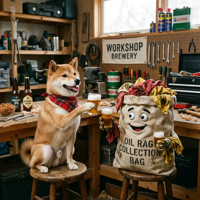 Shiba Inu and Oil Rag Bag Drinking Beer Together