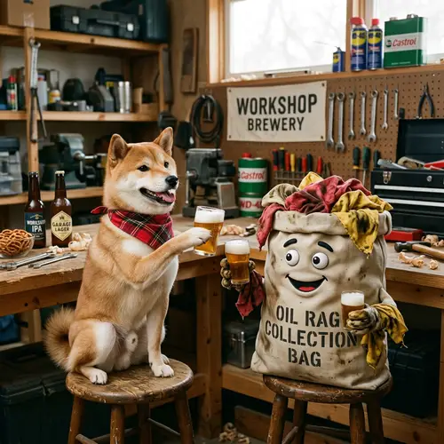 Cheerful Shiba Inu Dog and Oil Rag Collection Bag Enjoying Beer