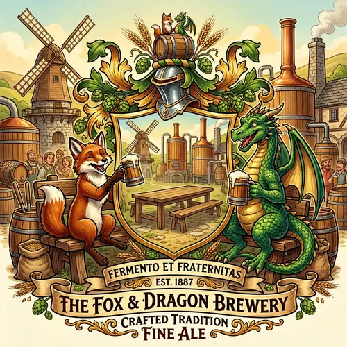 Brewery Coat of Arms: Fox and Dragon Enjoying Beer Together
