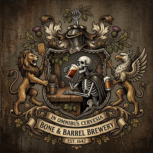 Antique Coat of Arms: Skeleton Enjoying Beer - Brewery Design