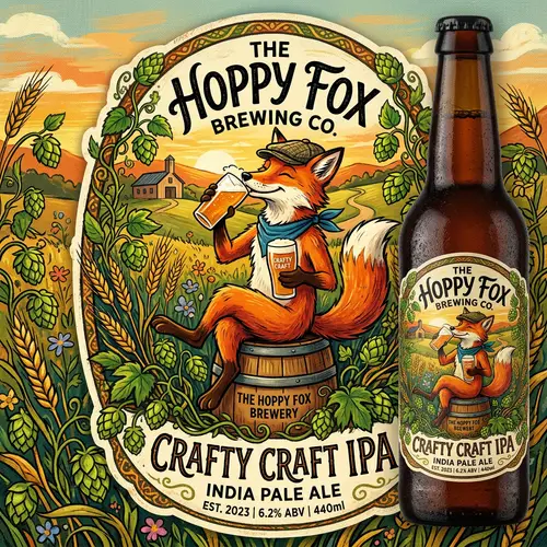 Craft Beer Label with Vibrant Fox Illustration