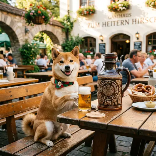 Shiba Inu and German Beer Growler: Enjoying a Casual Moment