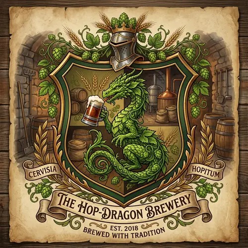 Brewery Dragon Coat of Arms: Hop Dragon Sipping Beer