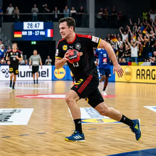 Intense German Handball Player in Black, Red, and Gold Jersey