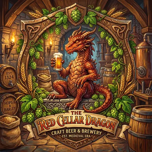 Vivid Red Cellar Dragon Enjoying Craft Beer in Vibrant Fantasy Scene