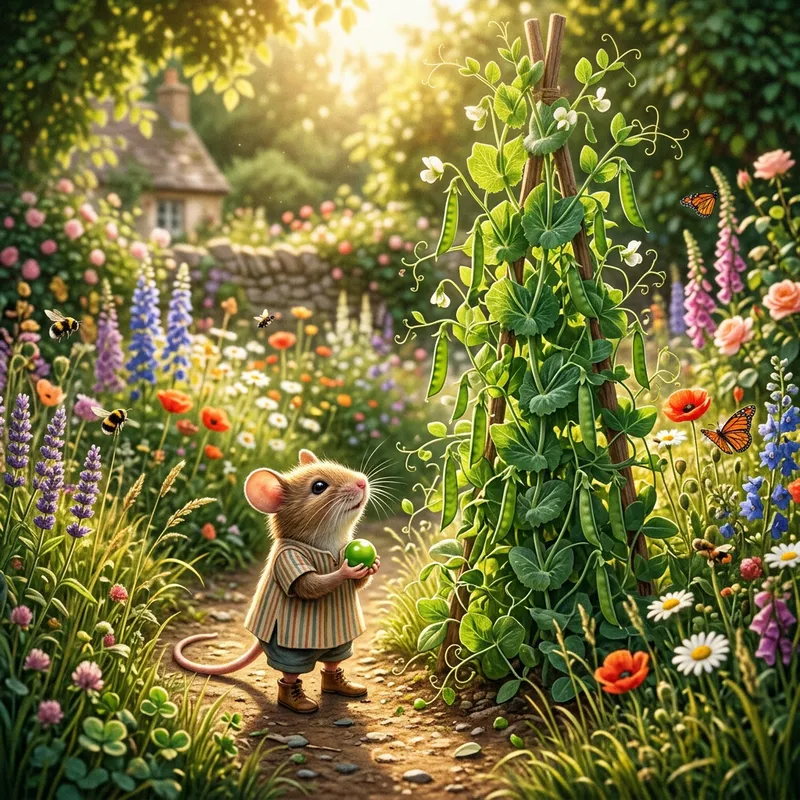 Cute Mouse Kid in a Sunlit Garden with Giant Pea Plant Cute Mouse Kid in a Sunlit Garden with Giant Pea Plant