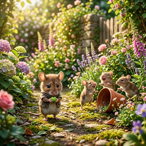 Adorable Sad Mouse Kid in a Sunny Garden Scene