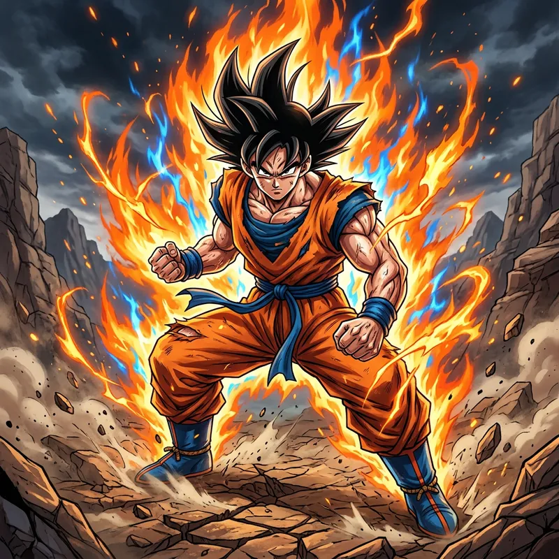 Goku - Spiky Black Hair, Flaming Aura, Martial Arts Warrior