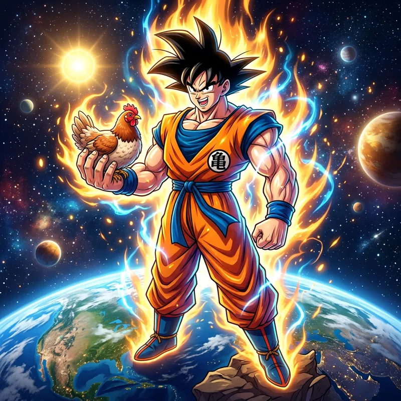 Muscular Cartoon Man Holding Chicken on Earth | Goku SEO