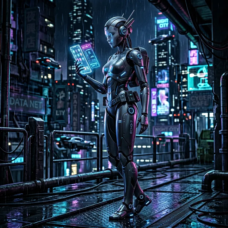 Cute Female Robot in Dark Gray Metal | Cyberpunk Phone Design