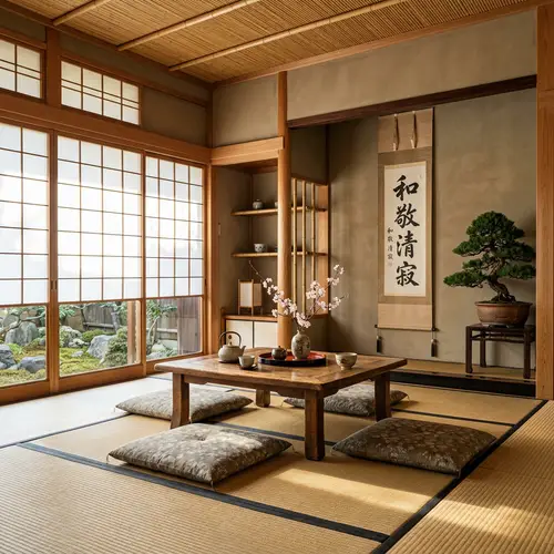 Traditional Japanese Living Room: Harmony of Cherry Blossoms & Bamboo