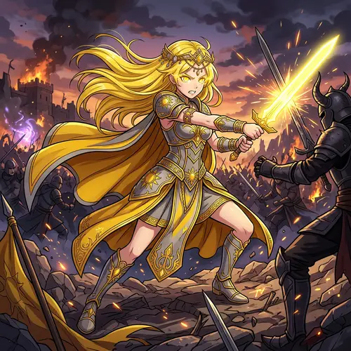 Anime White Girl Battle with Bright Yellow Sword