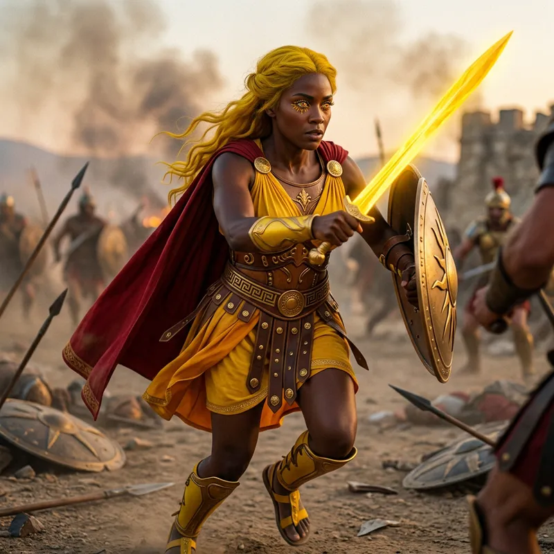 Hispanic Woman Warrior with Dazzling Yellow Sword on Battlefield Hispanic Woman Warrior with Dazzling Yellow Sword on Battlefield