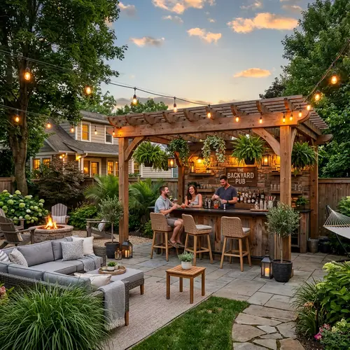 Cozy Backyard Design with Bar & Relaxation Area